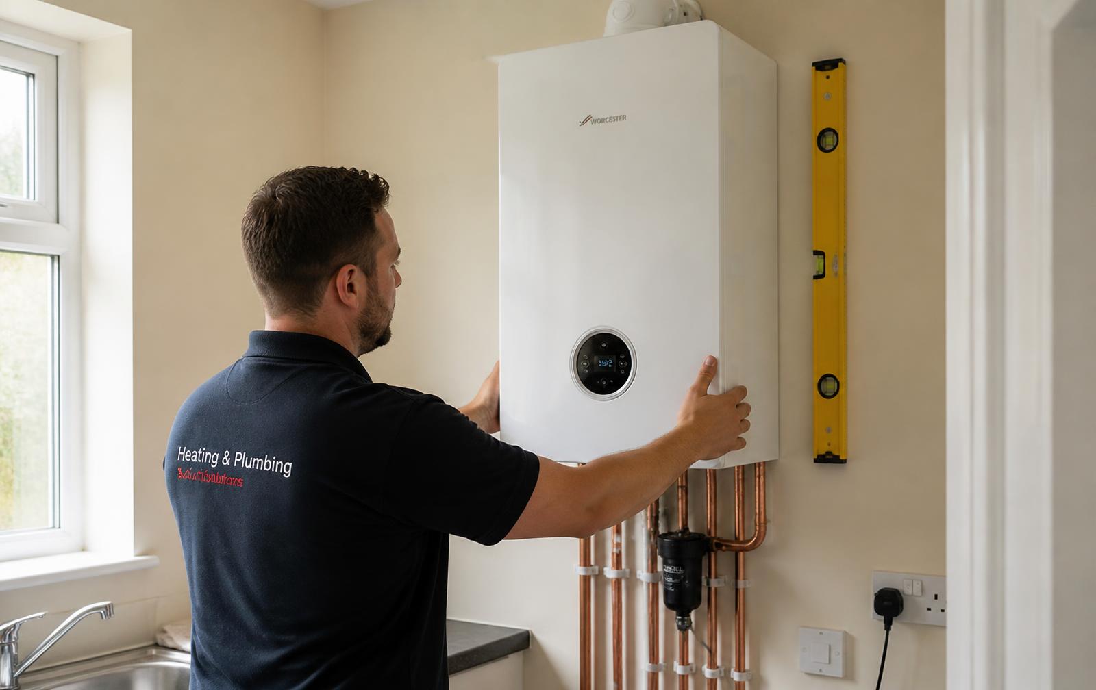 Heating engineer fitting a wall-mounted gas combi boiler with neat copper pipework