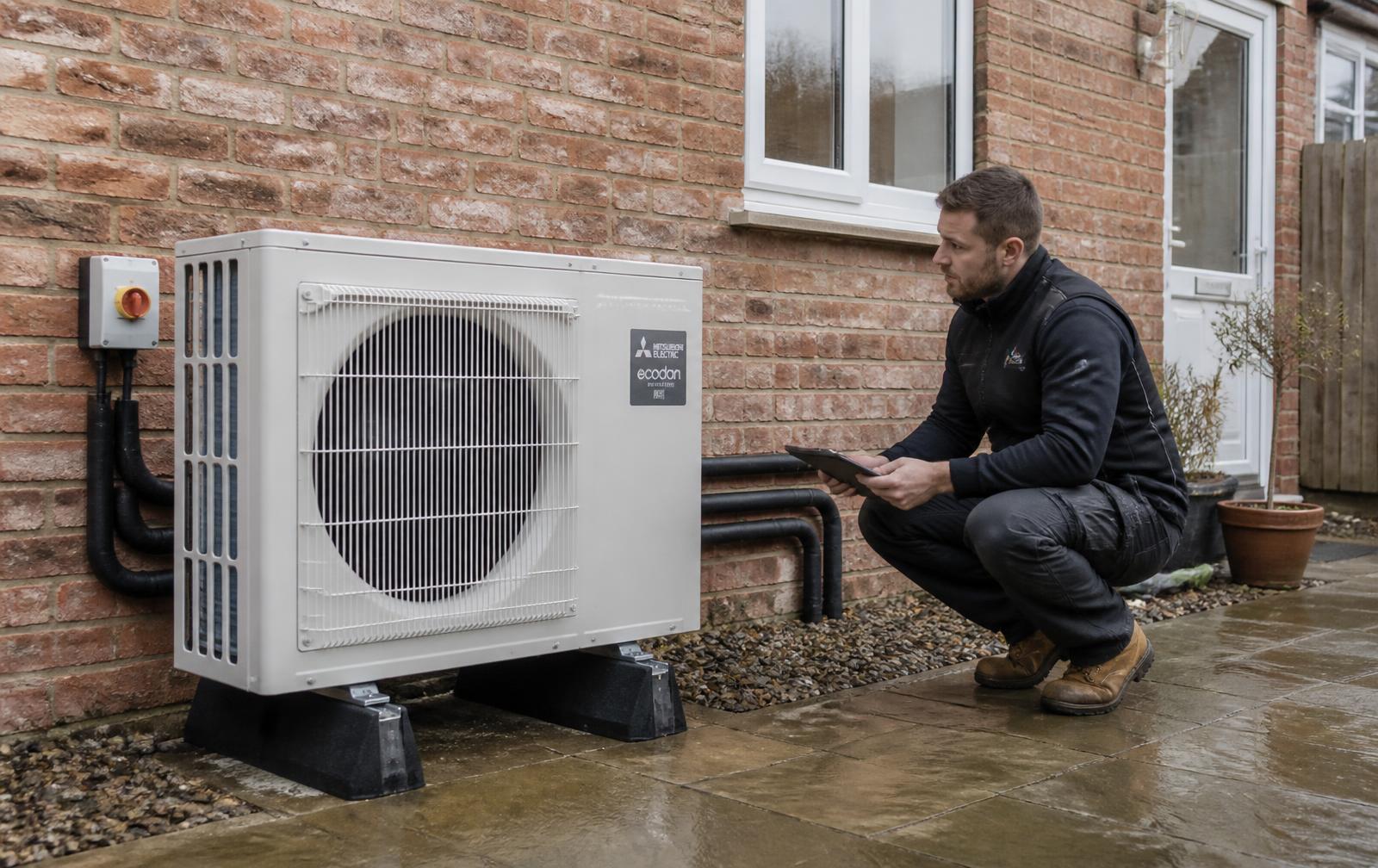 Air source heat pump unit installed outside a brick house with an engineer checking it